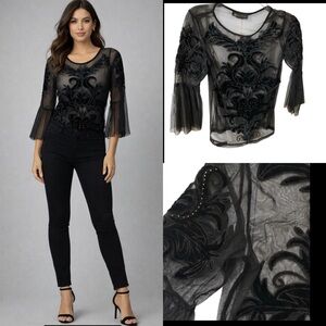 INC Black Mesh Velvet Appliqué See Through Top Blouse. Petite,Vintage,Y2K, Goth